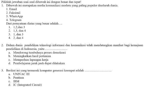 Soal dan Kunci Jawaban Ujian Sekolah TIK SMP Tahun Pelajaran 2020/2021 Kurikulum Darurat 