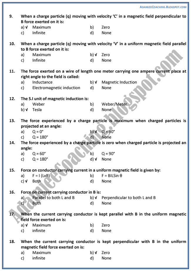 Physics Magnetism and Electromagnetism Mcqs