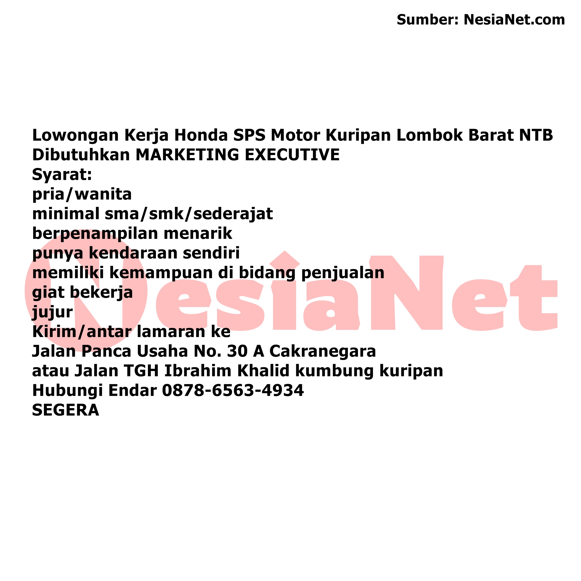 Lowongan Kerja Sps Motor Honda Kuripan Lombok Barat Ntb Nesianet