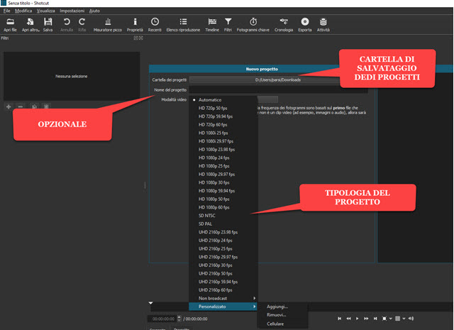 nuovo progetto video di shotcut