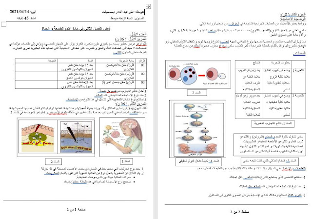 فرض العلوم الطبيعية للسنة الرابعة متوسط للفصل الثاني