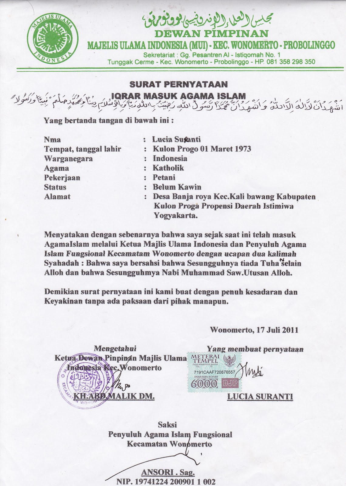 Contoh Surat Keterangan Masuk Islam Contoh Surat