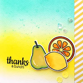 Sunny Studio Stamps: Fresh & Fruity Thanks A Bunch Pear, Lemon & Orange Card by Vanessa Menhorn.