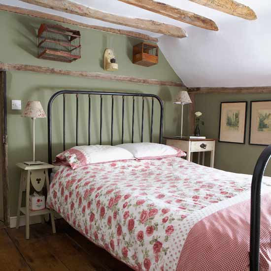 perfect country bedroom - pink and green, iron bed, gingham, wood ...