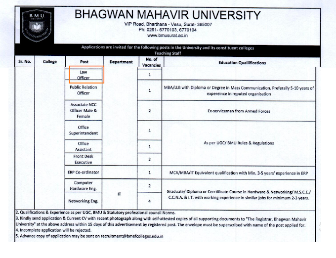 Post of Law Officer in Bhagwan Mahavir University, Surat