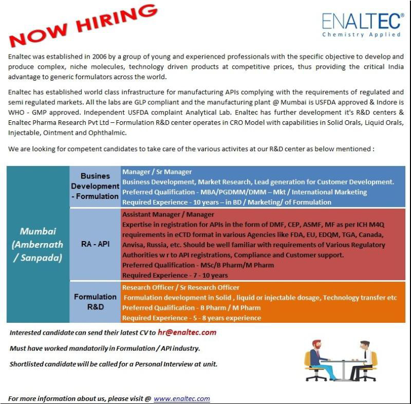 Job Availables,Enaltec Job Vacancy For B.Pharm/ M.Pharm/ MBA/ PGDMM/ DMM/ MSc