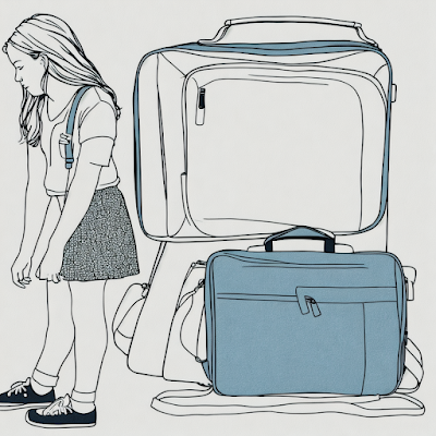 minimalist drawing of a girl and luggage as big as her