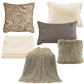 cream diamond pattern linen quilt, Piedmont Euro sham and accent pillow, taupe mongolian faux fur throw