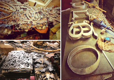 Leigh's metalwork: components for the signage and oak leaves for the chandeliers (bottom left)