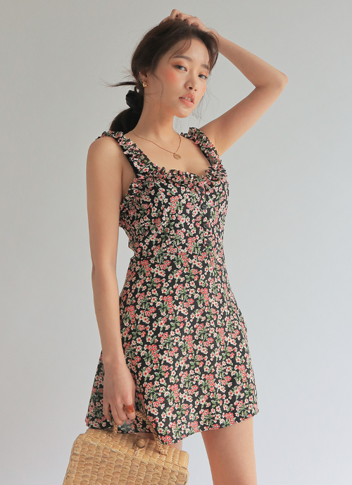 Frill Trim Sleeveless Floral Mini Dress