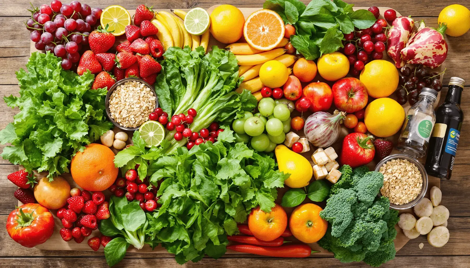 Assorted fresh fruits and vegetables, including leafy greens, berries, citrus fruits, and root vegetables, displayed on a wooden surface.