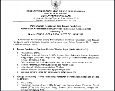 Lowongan Kerja KEMENKO PEREKONOMIAN Besar-besaran Tahun 2017