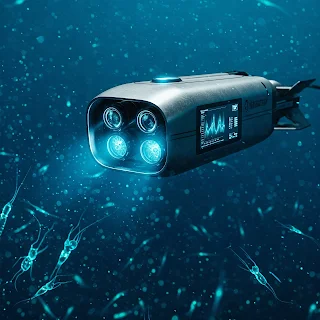 A futuristic underwater research instrument, resembling a sleek, metallic submersible probe, is meticulously scanning microscopic plankton in a vibrant ocean environment.