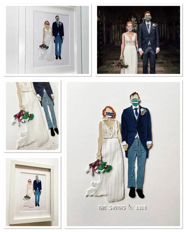 paper art wedding couple wearing face masks