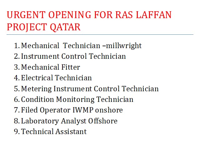 URGENT OPENING FOR RAS LAFFAN PROJECT QATAR