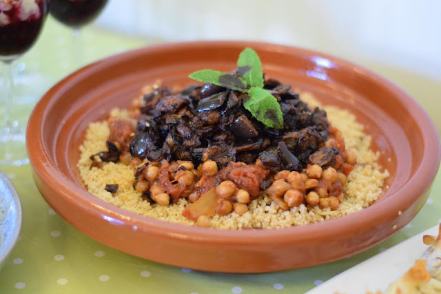 Tasty vegan chickpea Tagine with aubergine and couscous