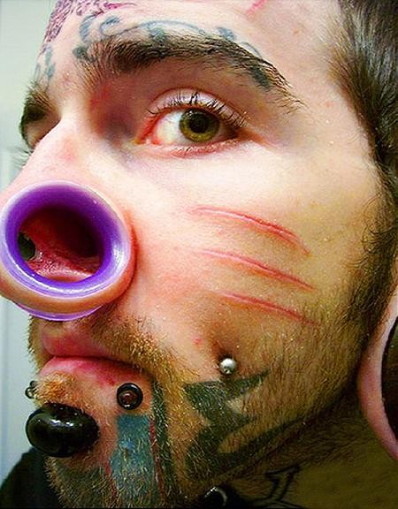 Extreme Nose Pierced with large holes that given a ring