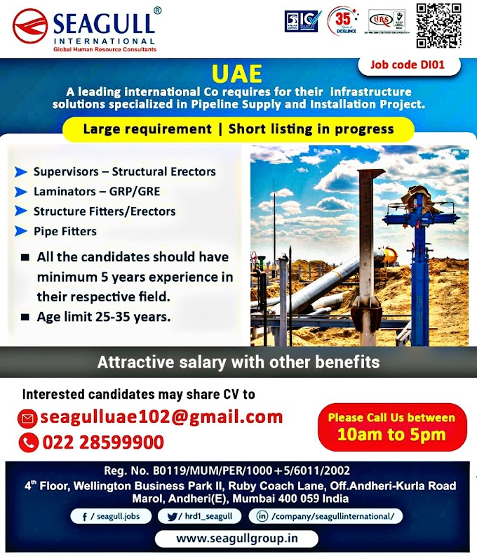 JOB IN UAE Supervisors, Laminators, Structure Fitters, Pipe Fitters