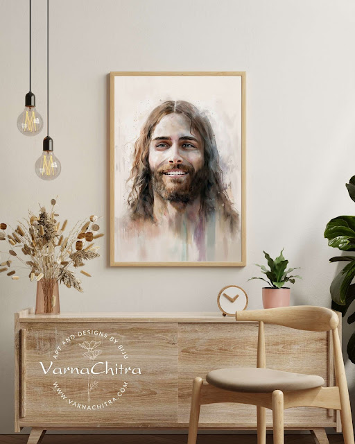 Jesus Painting, unique, one of a kind, smiling Jesus in digital watercolor, different Jesus, artistic portrait, blissful wall painting, graceful wall art by Biju Varnachitra
