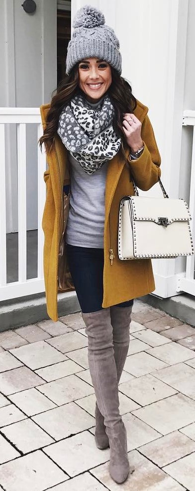 how to style a printed scarf : knit hat + coat + top + bag + skinnies + over knee boots 