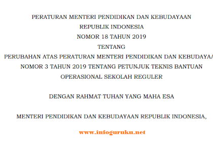 PERMENDIKBUD NOMOR 18 TAHUN 2019 SEBAGAI PERUBAHAN ATAS PERMENDIKBUD
NOMOR 3 TAHUN 2019 TENTANG JUKNIS BOS JENJANG SD SMP SMA SMK TAHUN 2019