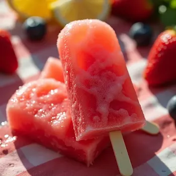 Homemade strawberry ice pop with fresh berry garnish.