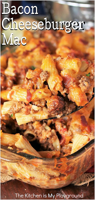 Bacon Cheeseburger Mac ~ Loaded with ground beef, bacon, cheese, & all the flavors of a classic cheeseburger, this is one amazingly hearty & delicious dinner dish! Bacon Cheeseburger Mac & Cheese is surely one dinner that's loved by all.  www.thekitchenismyplayground.com