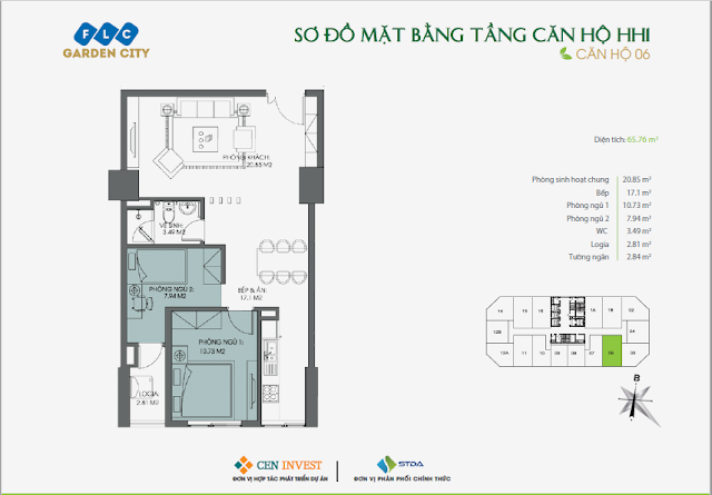 Thiết kế căn hộ 06, 65m, HH1 FLC Garden City