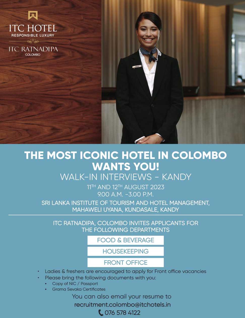 ITC Hotel Vacancies for Walk in Interviews in Kandy