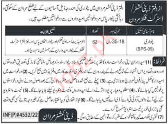 Deputy Commissioner DC Mardan Jobs 2022 for Patwari