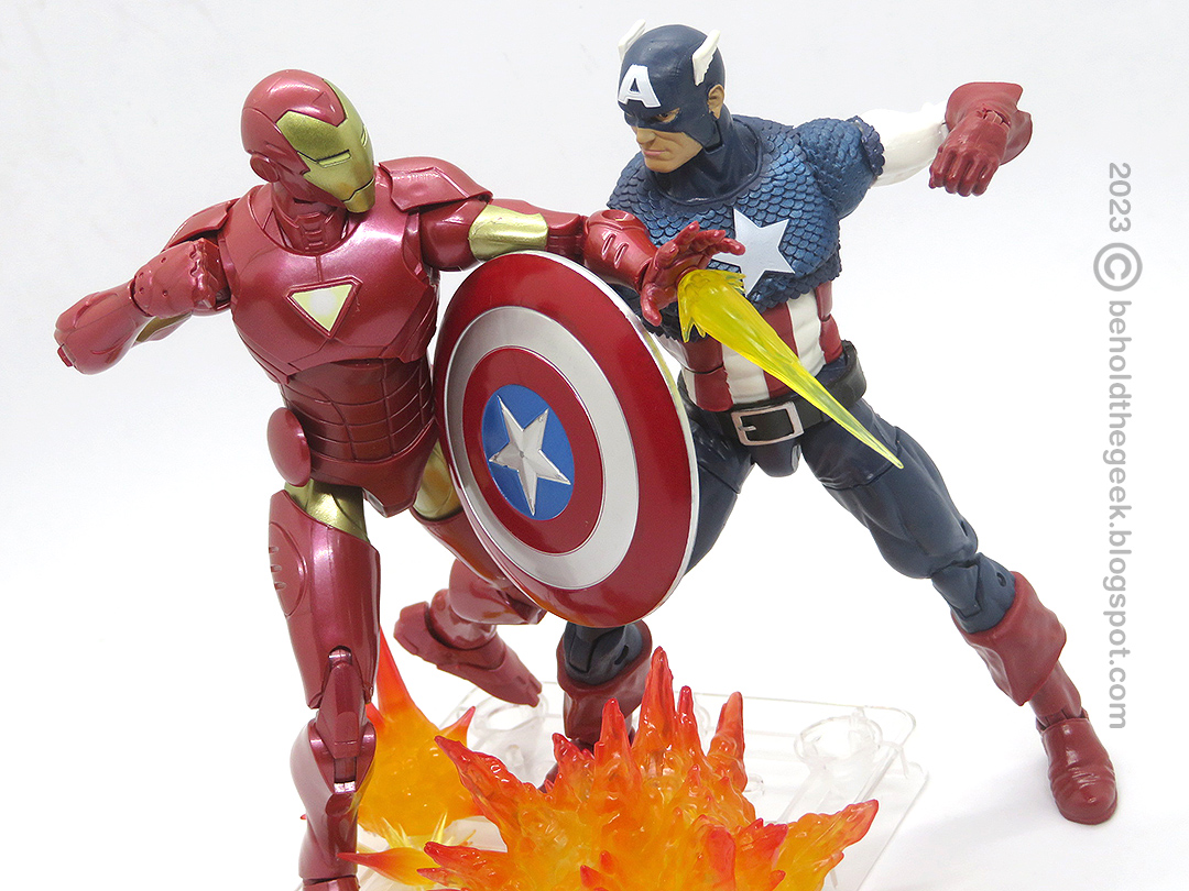 Action shot of Hasbro Marvel Legends Extremis Iron Man and Captain America