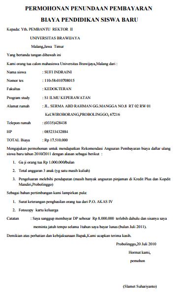 Contoh Surat Permohonan Penundaan Pembayaran Biaya Sekolah Uang Gedung Siswa Baru