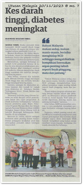Kes darah tinggi, diabetes meningkat - Keratan akhbar Utusan Malaysia 20 November 2023