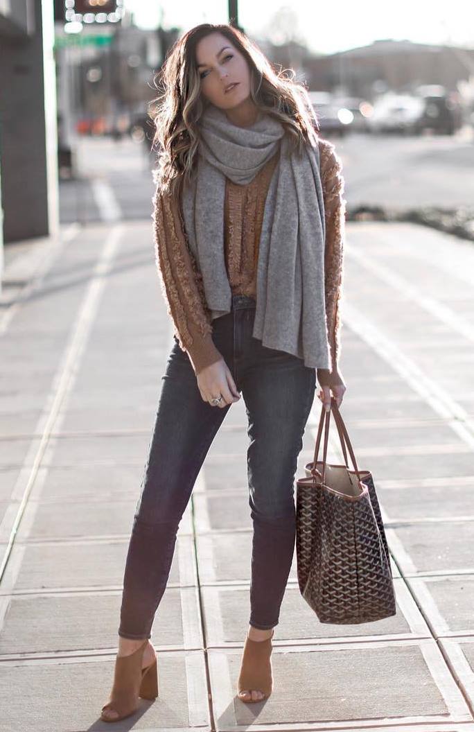 what to wear this fall : grey scarf + brown sweater + bag + skinnies + heels