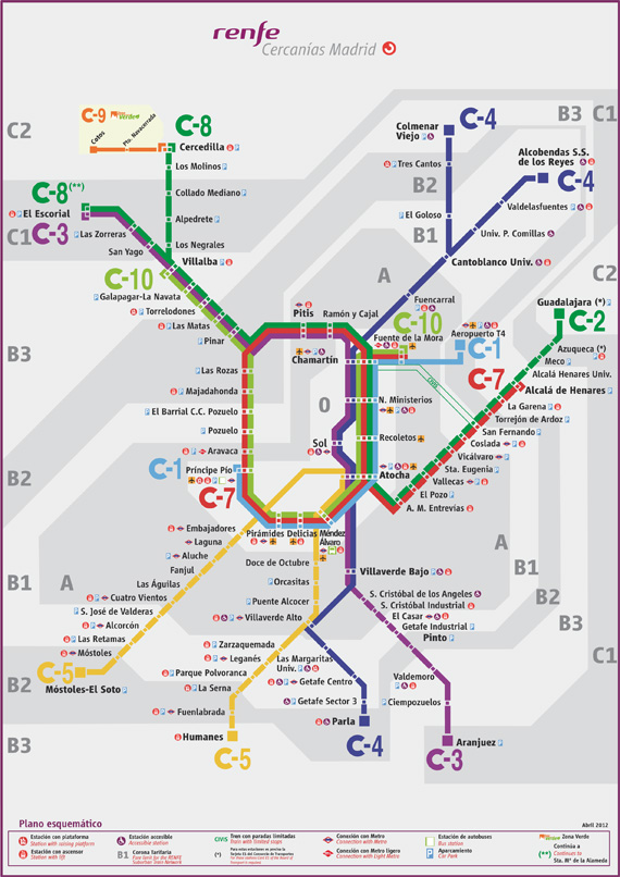 Plano de Cercanías Madrid, edición esquemática. Abril 2012 - pincha para ampliar el plano