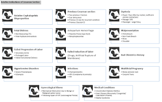 1. Relative Cephalopelvic Disproportion  2. Previous Cesarean section  a. Two previous C Section  b. Scar dehiscence c. Previous CS was for recurrent condition  d. Previous Classical CS 3. Dystocia  a. Power: Poor effort by mother, inefficient uterine contractions b. Passage: CPD c. Passenger:  Large Fetus,  4. Fetal Distress  a. Non Reassuring CTG  b. Fetal Asphyxia and acidosis 5. Antepartum Hemorrhage a. Placenta Previa (type IIb,III) b. Abruptioplacentae 6. Malpresentation  a. Primi Breech  b. Non Frank Breech  c. Brow  d. Shoulder 7. Failed Progression of Labor a. Secondary Arrest  b. Prolonged Labor  c. Failed Instrumental Delivery  8. Failed Induction of labor (Drugs, Artificial Rupture of Membrane) 9. Bad Obstetrics history  10. Hypertensive Disorders a. Severe Preeclampsia b. Eclampsia 11. Infections  a. Chorioamnionitis b. HPV (Condyloma Acuminata) c. HIV  12. Multifetal Pregnancy  a. Mono amniotic twin  b. Conjoint Twins  13. Gynecological Illness a. Mechanical Obstruction due to Benign or Malignant pelvic tumor  b. Following repair of VVF (vesicovaginal Fistula) 14. Medical Conditions a. Uncontrolled Diabetes Mellitus  b. Heart Disease (Rheumatic/ Congenital/ Coarctation of aorta) c. Marfan Syndrome 