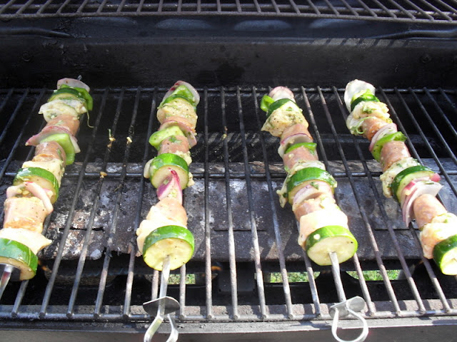 My Shish Kabobs on Grill: Chicken, Sausage, Zucchini, Onions