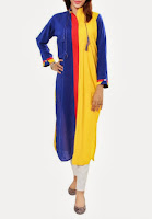 Pakistani Dress Dark Blue-Yellow Mixed Cotton Kurta with Crystal Buttons on Collar by Grapes