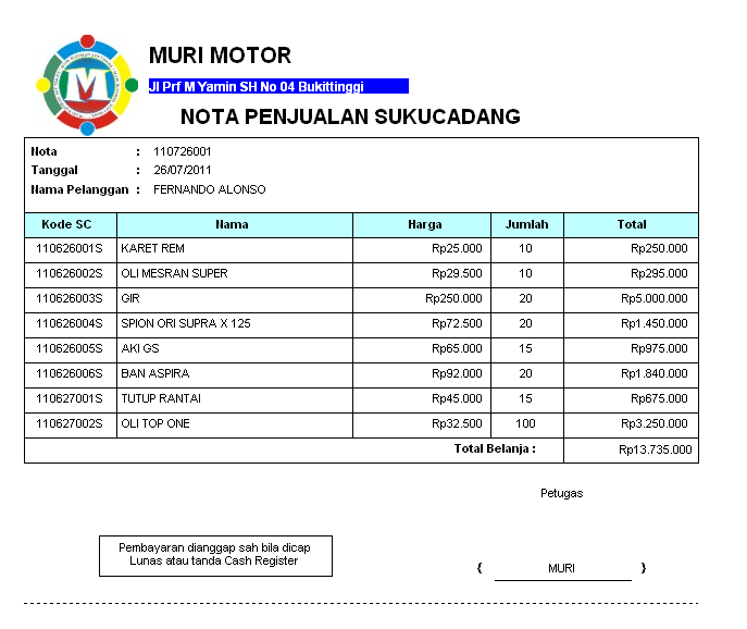 Contoh Nota Penjualan - Detil Gambar Online