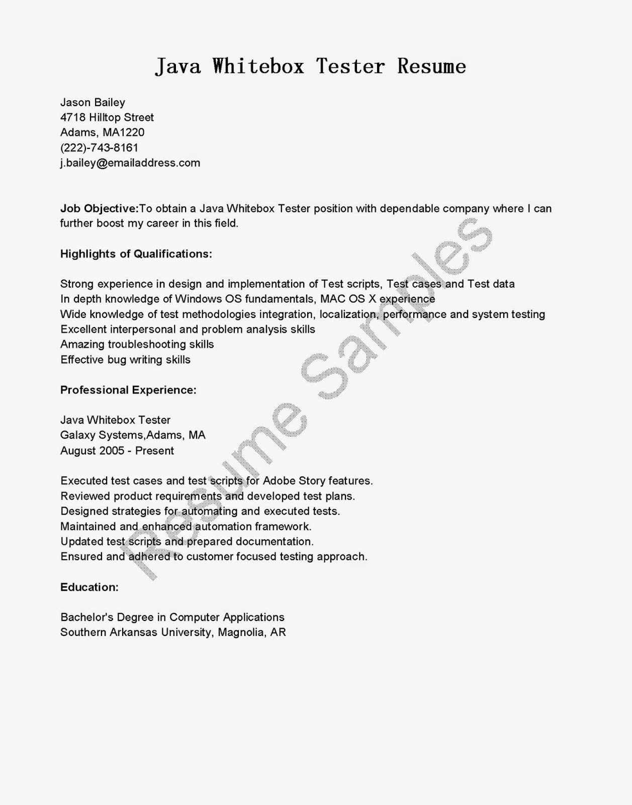 Java Whitebox Tester Resume Sample |Resume Samples