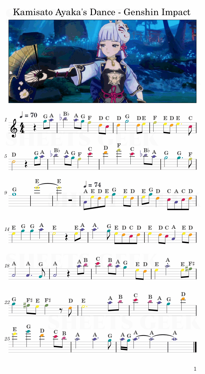 Kamisato Ayaka's Dance - Genshin Impact Easy Sheet Music Free for piano, keyboard, flute, violin, sax, cello page 1