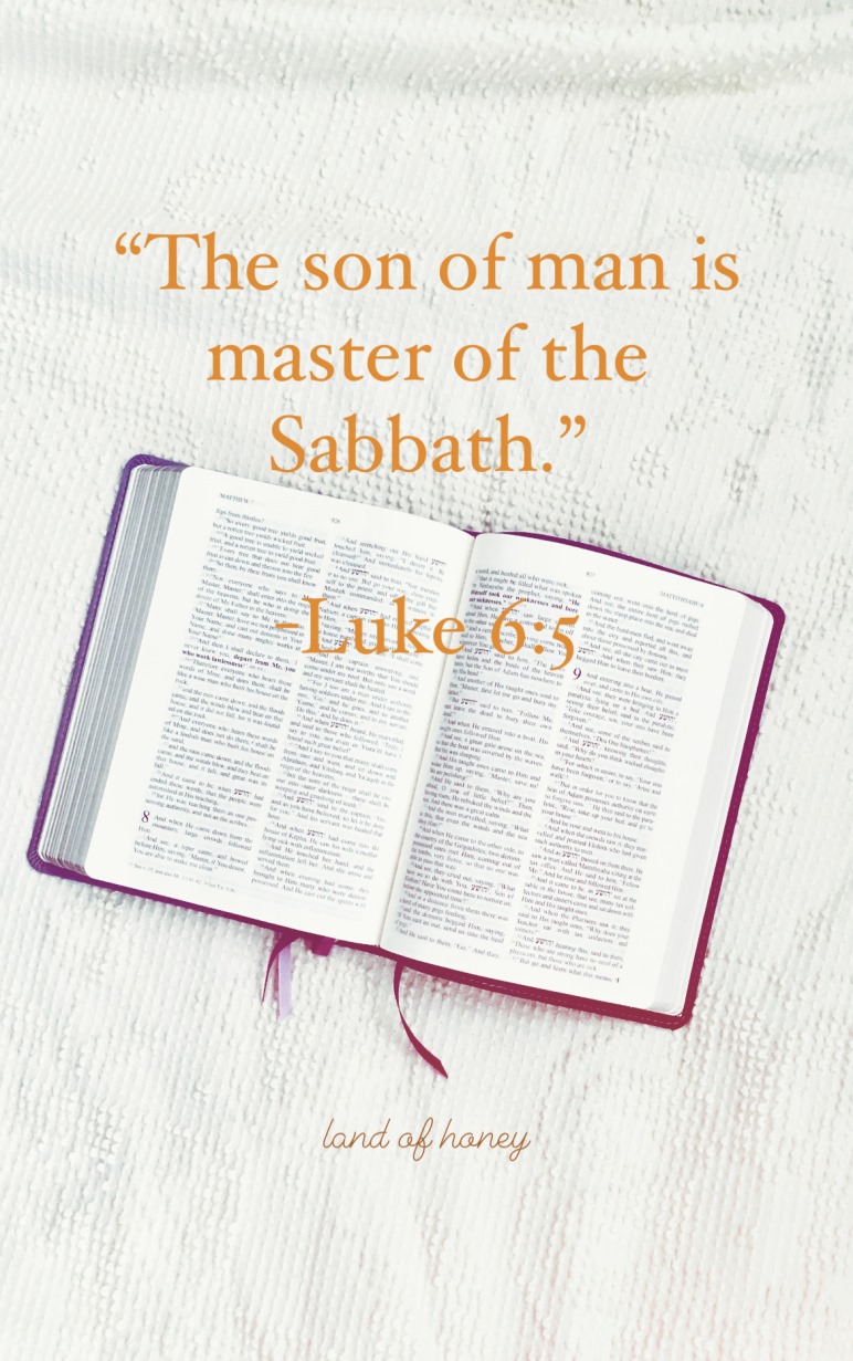 Image is an open Bible with a purple border, lying on a white tablecloth. Text overlay reads: The son of man is master of the Sabbath. - Luke 6:5 | Land of Honey