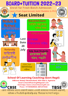 Tripura TBSE (Tripura Board Secondary Education) and CBSE 2022-2023 Guidance Admission is going on for the session 2022-2023. Both CBSE and Tripura TBSE students may enroll at our coaching centre for physical mode or online mode coaching guidance. Our learned teachers are guiding massive numbers of students for the upcoming Board Exams 2022-2023  Who Teaches Tripura TBSE & CBSE Students in School Of Learning Coaching? Our School Of Learning Coaching center has many learned teachers for Arts, Science and Commerce who are teaching in Government Degree Colleges, doing (PhD) Research work and acquired PhD (Doctorate) Gold Medal, Ranking, UGC NET/SLET/ CSIR NET/GATE Qualified.    Teaching Learning Methods for Tripura TBSE/CBSE students 1) Modules and Study Materials  2) Students are Carefully Guided  3) Subject matter Experts   4) Mentor provides direct advice  5) Easy Question and Answer Making Process and Structure, Method   6) Unit Wise Test  7) Monthly Reviews  8) Parent /Teacher Discussion    How to join the Tripura TBSE 2022-2023 & CBSE Coaching Classes Both online and offline modes are available to book the seat for joining the Tripura TBSE 2022-2023 & CBSE Coaching Classes.   Seat Limits for the Tripura TBSE 2022-2023 & CBSE Coaching Classes School Of Learning has limited seats for  Tripura TBSE  & CBSE Coaching Classes in the session 2022-2023.