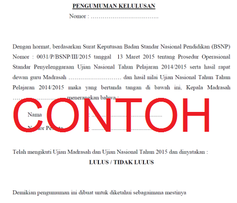 Contoh Surat Pengumuman Kelulusan dan Keterangan Lulus 