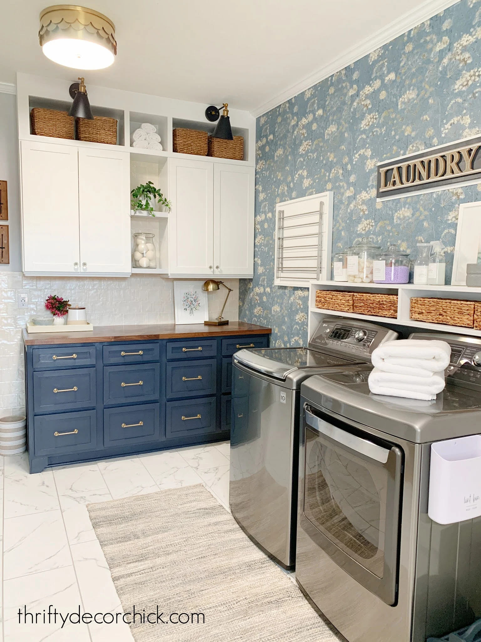 blue drawer cabinets white uppers