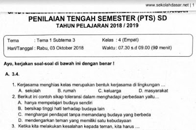  pada jenjang SD dan sederajat atau disebut Penilaian Tengah Semester  Soal Ulangan Perguruan Tinggi Swasta Kelas 4 Tema 1 Subtema 3