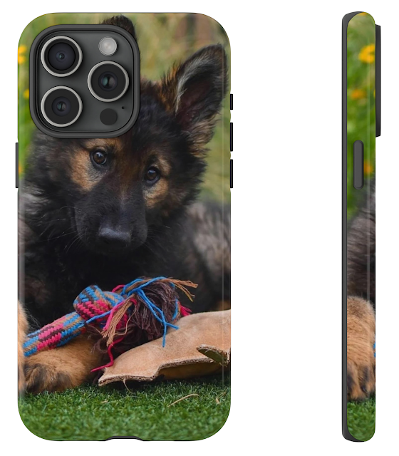 iPhone 15 Pro Max Tough Case With Cute European Black Sable, Plush Coated Male German Shepherd Puppy Playing
