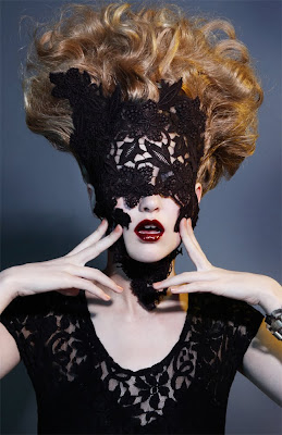 woman with black lace mask, emily van raay model, gothic beauty, model with huge hair, ombre lips