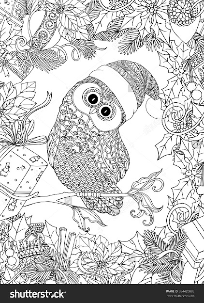 Coloring Book For Adult And Older Children Coloring Page With Cute Owl In  Santa Claus Cap And Christmas Wreath Frame Outline Drawing In Zentangle  Style