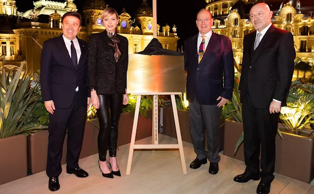 Princess Charlene wore tweet blazer and black leather pants. Princess Stephanie, Marie Ducruet and Camille Gottlieb